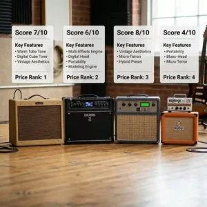 An infographic comparison chart highlighting specs, pros, and cons to help you choose the best guitar amp under 500 dollars.
