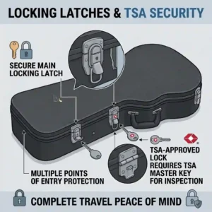 Detail illustration of the secure TSA-approved locking latches on a flight-ready acoustic electric bass guitar case.