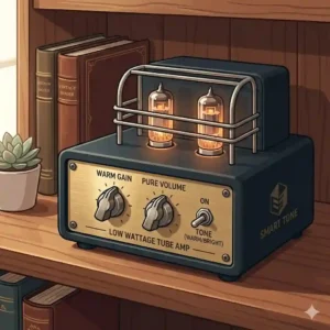 A mini low-wattage tube amplifier glowing softly on a wooden shelf, offering warm tones as the best at home guitar amp.