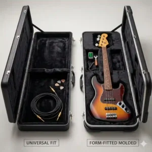 Comparison between a rectangular universal style and a form-fitted molded bass hard case.