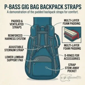 An illustration demonstrating the ergonomic, padded backpack straps on a soft-shell p bass guitar case (gig bag) for easy transport.