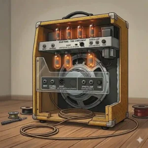 A compact studio setup featuring a small tube bass amp combo positioned next to a recording microphone.