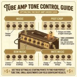 A vintage tone control guide illustration outlining the ideal equalizer and gain knob settings for the best tube amp under 500.