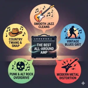 A graphic displaying various musical genres mastered by the best all around amp.