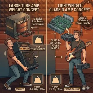 An illustration comparing the heavy weight of a bass guitar tube amp versus a lightweight model.
