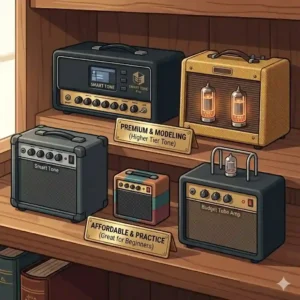 A display of various practice amplifiers categorized into affordable and premium tiers to select the best at home guitar amp.