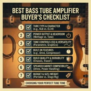 A numbered buyer guide checklist highlighting key features, power ratings, and tone considerations for choosing the best bass tube amplifier.