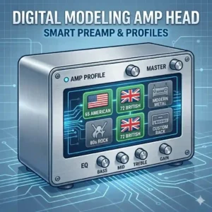 A modern digital modeling guitar amplifier featuring a built-in screen for loading custom speaker profiles, representing the best amp heads.
