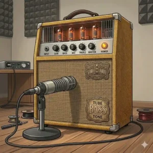 Graphic comparison showing the internal layout of a hybrid tube bass amp combo featuring a vacuum tube preamp and solid-state power section.