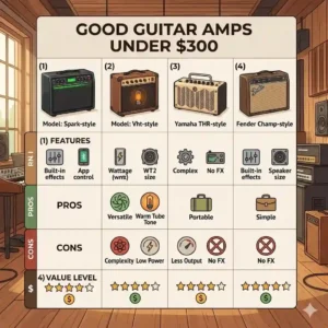 An easy-to-read features and value comparison infographic chart of the best good guitar amps under 300.