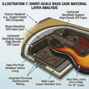 A cross-section illustration highlighting the multi-layer impact-resistant core of a travel-ready short scale bass case.