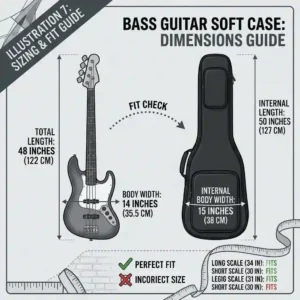A size comparison illustration showing how a standard electric bass fits perfectly inside a bass guitar soft case.