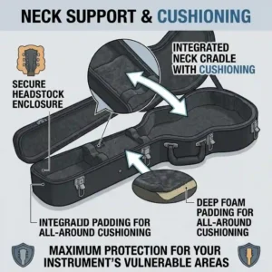 Close-up of the protective neck cradle and foam padding inside an acoustic electric bass guitar case.