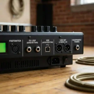 The rear connectivity panel showing headphone jack, USB port, and line outputs on the best guitar amp under 500 dollars.