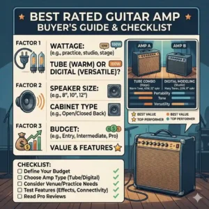8. An infographic comparison chart and checklist helping users choose the best rated guitar amps based on wattage, speaker size, and budget.