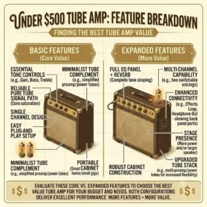 A retro infographic breakdown comparing basic core features against expanded features to evaluate the overall value of the best tube amp under 500.