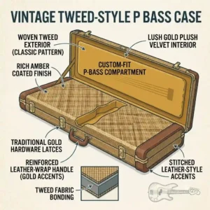 A stylized vector illustration of a classic vintage tweed p bass guitar case featuring leather ends and gold hardware.