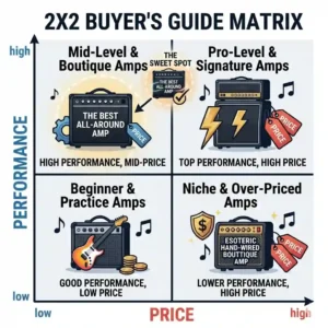 A buyer guide matrix charting price versus features to identify the best all around amp.