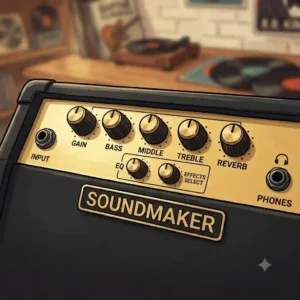 A close-up of the control panel on the best guitar amp under 200 showing gain, volume, and tone knobs.