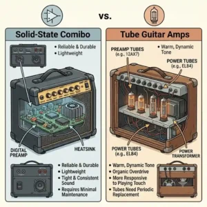 A comparison chart explaining the technical differences between solid-state and tube options for the best guitar amp under 200.