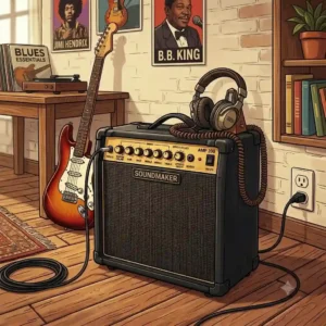 A home studio setup featuring an electric guitar connected to the best guitar amp under 200.