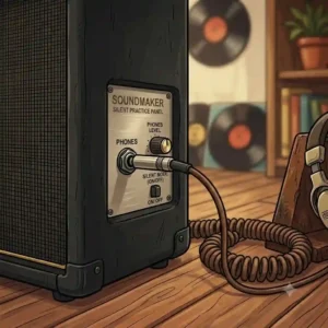 A pair of headphones plugged into the silent practice output of the best guitar amp under 200.