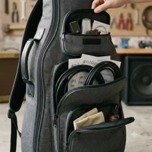The spacious front accessory pockets of the best bass guitar gig bag packed with cables and music sheets.
