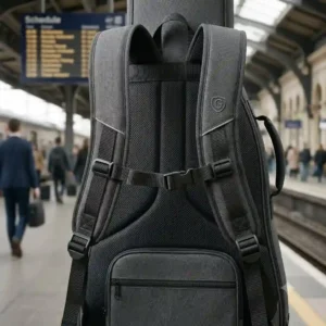 Adjustable padded backpack-style shoulder straps on the back of the best bass guitar gig bag.