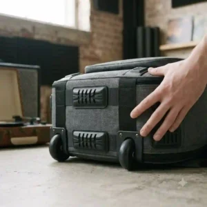 Heavy-duty rubberized feet and shock-absorbing bottom bumpers on the base of the best bass guitar gig bag.