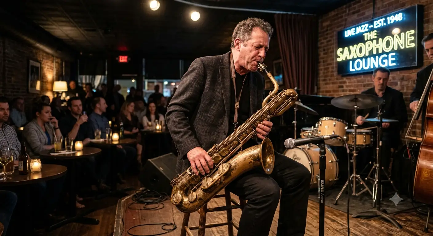 A jazz musician performing on a vintage brass bass saxophone inside an American jazz club.